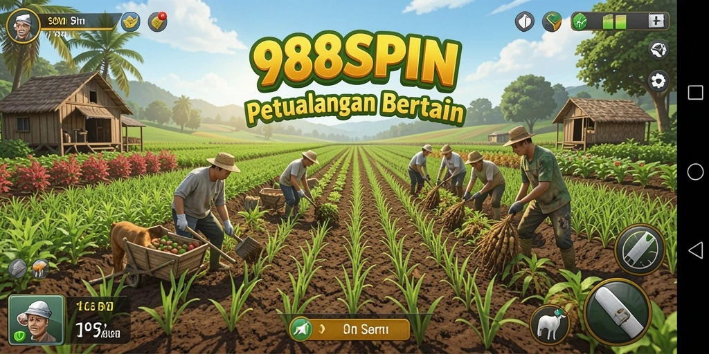 Tampilan utama gameplay 988SPIN yang menampilkan ladang yang indah dan produktif.
