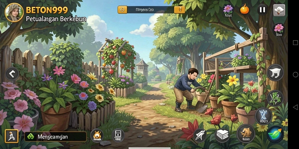 Screenshot gameplay BETON999 menampilkan aktivitas berkebun yang seru.