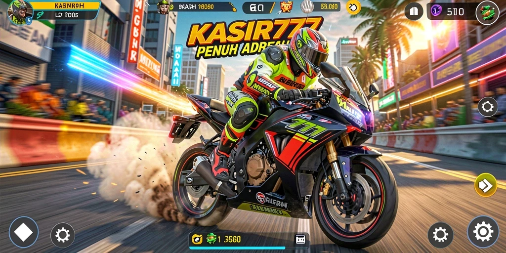Tampilan gameplay KASIR777 yang mendebarkan dengan balapan motor cepat.