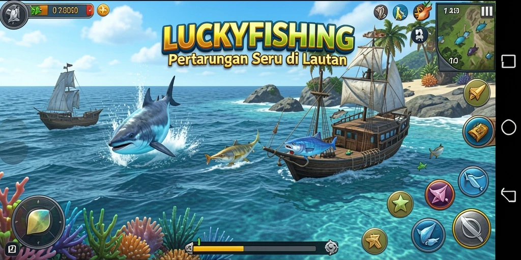 Tampilan gameplay pertarungan yang intens di LUCKYFISHING.