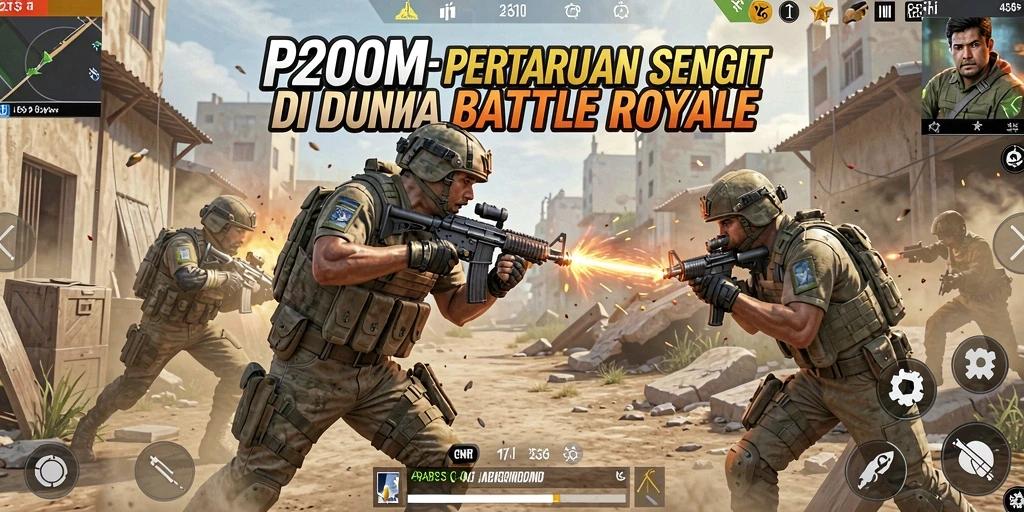 Screenshot P200M menunjukkan aksi seru dalam pertempuran Battle Royale.