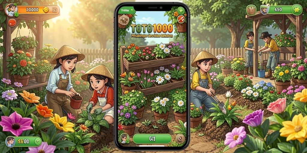Screenshot gameplay TOTO1000 menampilkan kebun yang rimbun dan penuh warna.